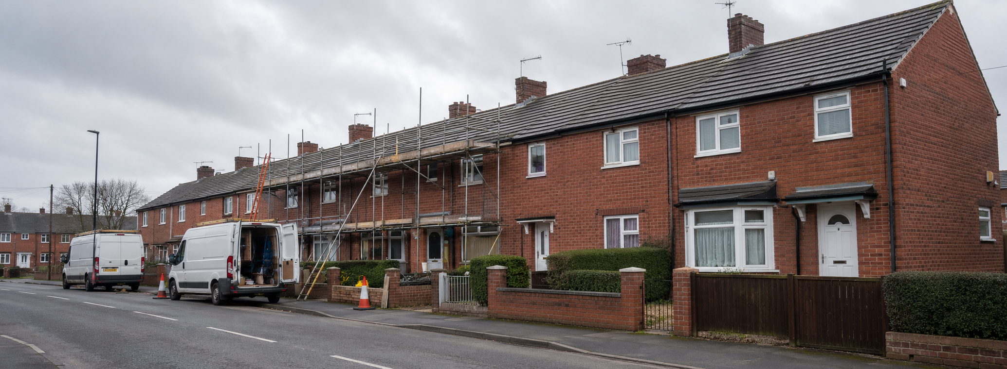 Row of brick townhouses under renovation with scaffolding and construction vehicles parked on the street.