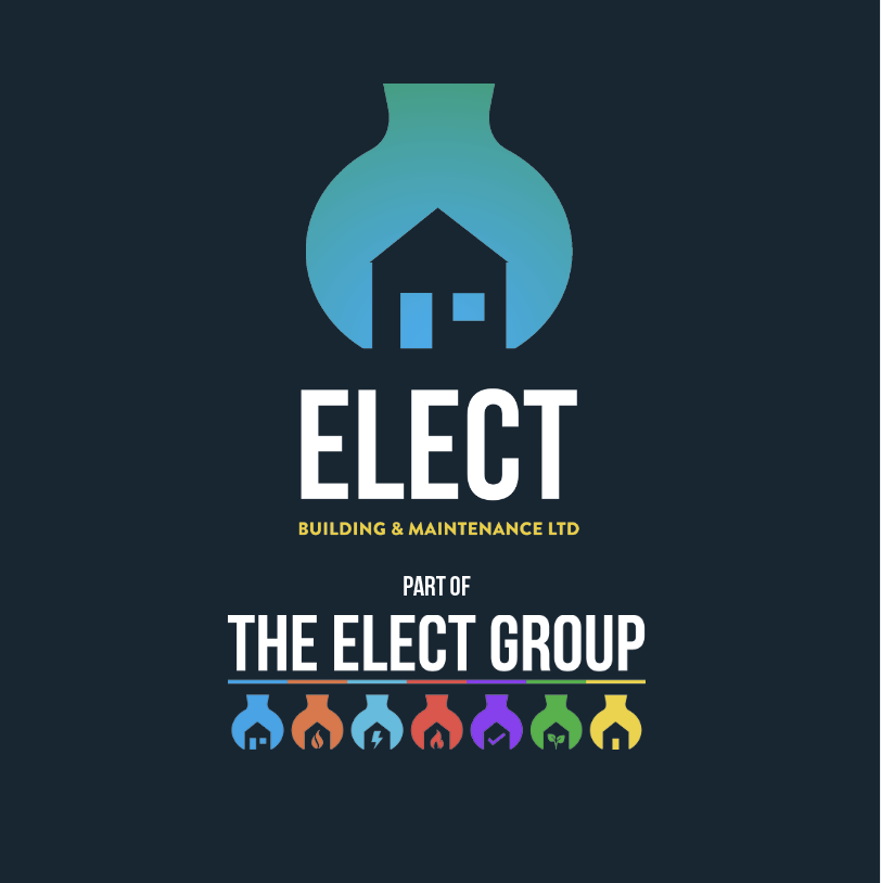 Logo for Elect Building & Maintenance LTD, featuring a house and lightbulb icon, with colorful icons representing different services such as heating, electrical, fire safety, inspection, gardening, and home.