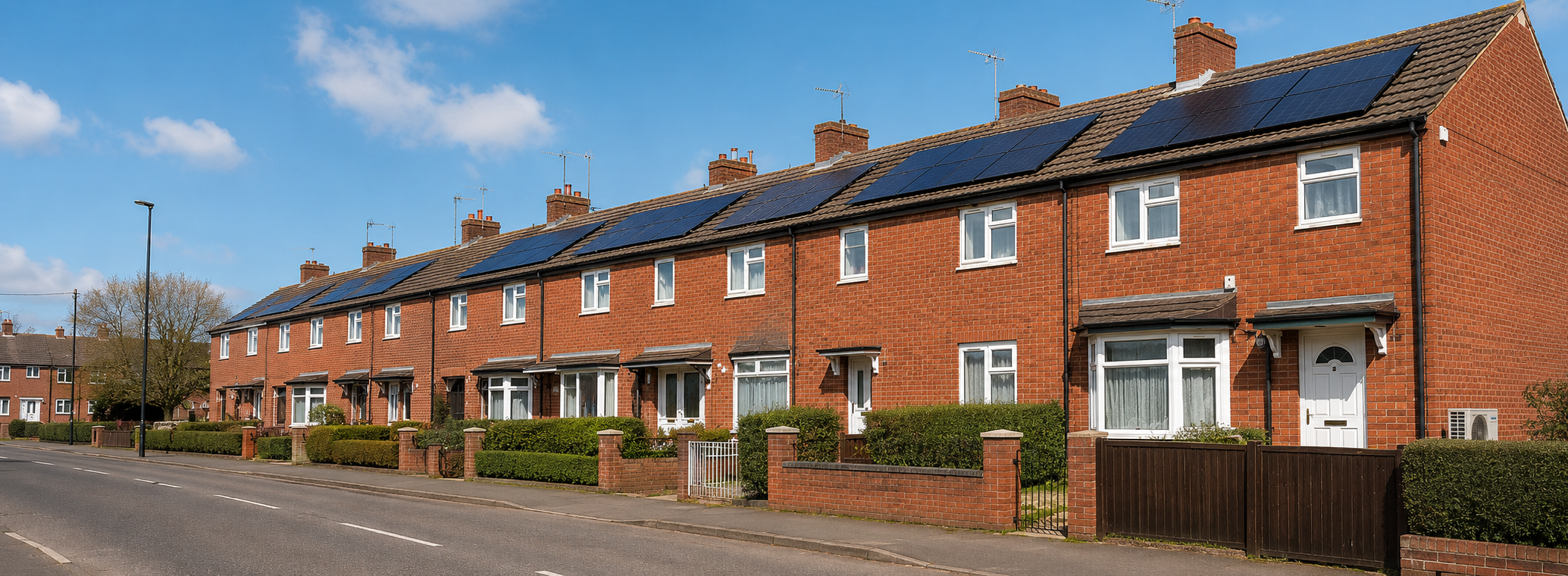 Row of red-brick houses with solar panels on the roofs, front gardens with low brick fences, some with small trees or bushes, under a blue sky with some clouds.