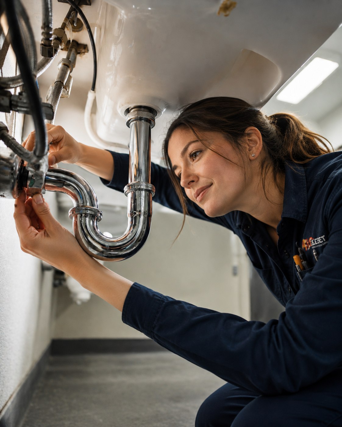 A woman working on plumbing under a kitchen sink.