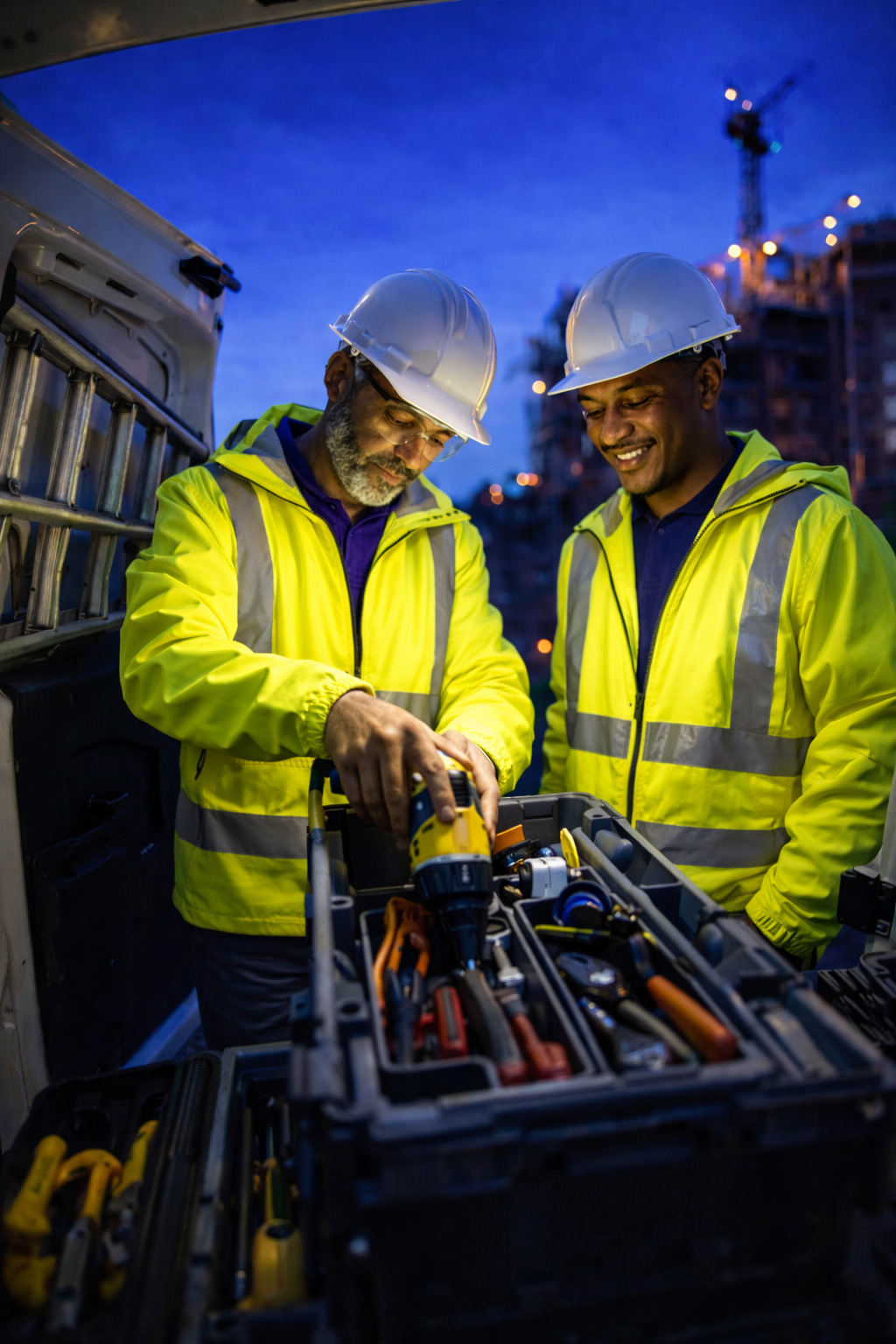 Two male construction workers in yellow safety jackets and white hard hats working at a construction site during dusk, with one handling tools from a toolbox and both smiling.