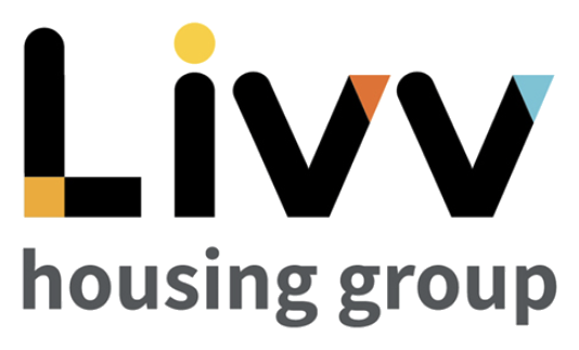 Liv housing group logo with stylized text and colorful geometric shapes.