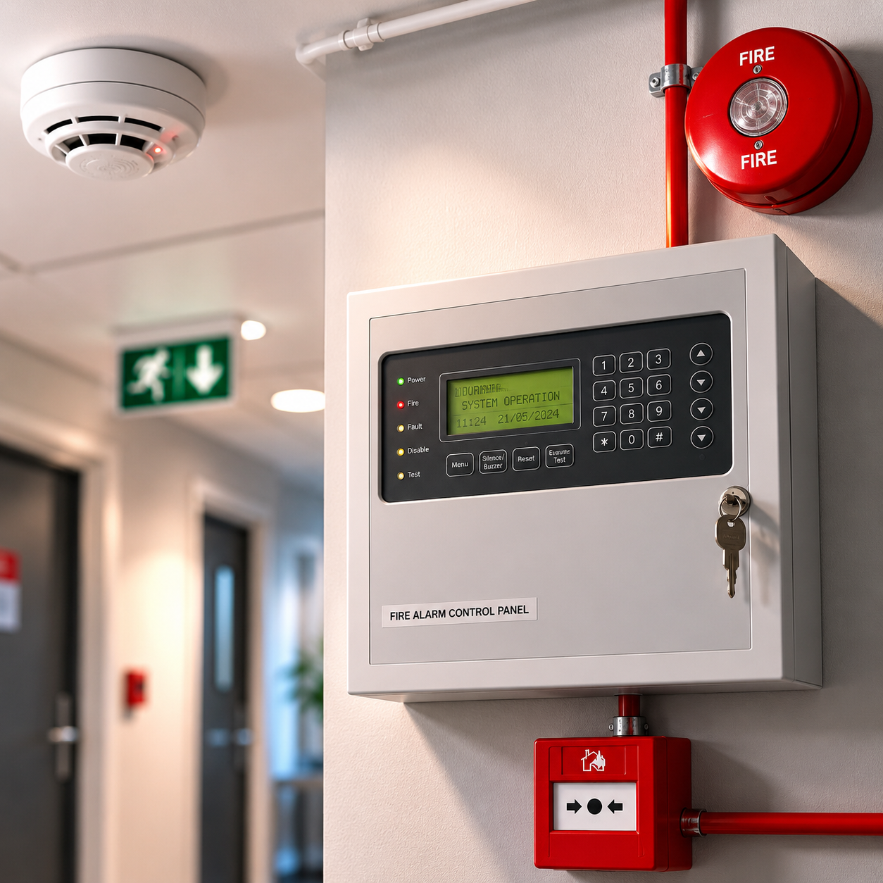 Fire alarm control panel and fire alarm bell on a wall in a building corridor.