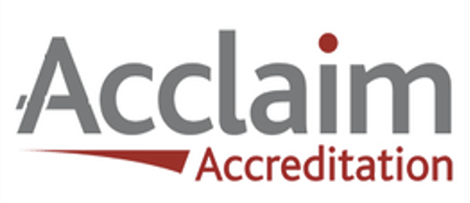 Logo of Acclaim Accreditation with the word 'Acclaim' in gray and 'Accreditation' in red beneath a stylized red underline.