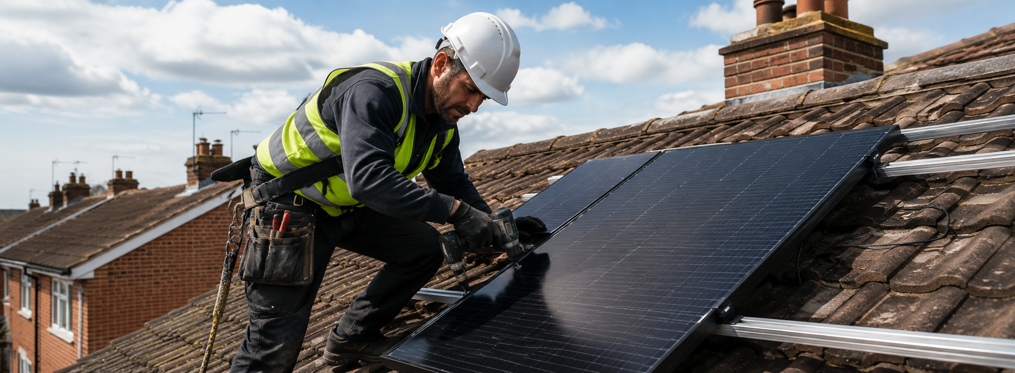A construction worker installs solar panels on a rooftop during the daytime. The worker is wearing a white safety helmet, black gloves, and a black and yellow safety vest. The sky is partly cloudy, and there are other rooftops with chimneys visible in the background.