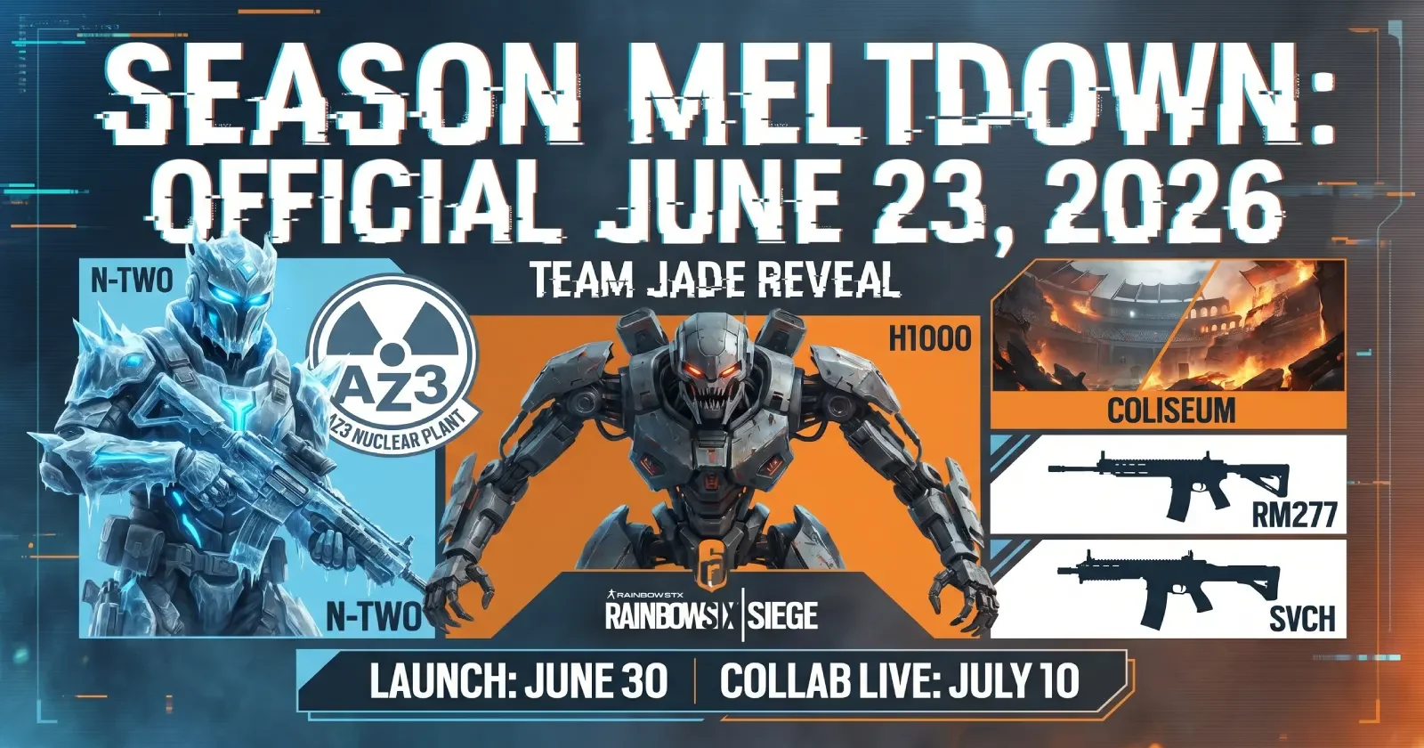 Delta Force Season Meltdown official Team Jade reveal graphic showing N-Two operator, H1000 boss, AZ3 map, Coliseum, RM277, SVCH, Rainbow Six Siege collab with June 30 launch and July 10 collab dates