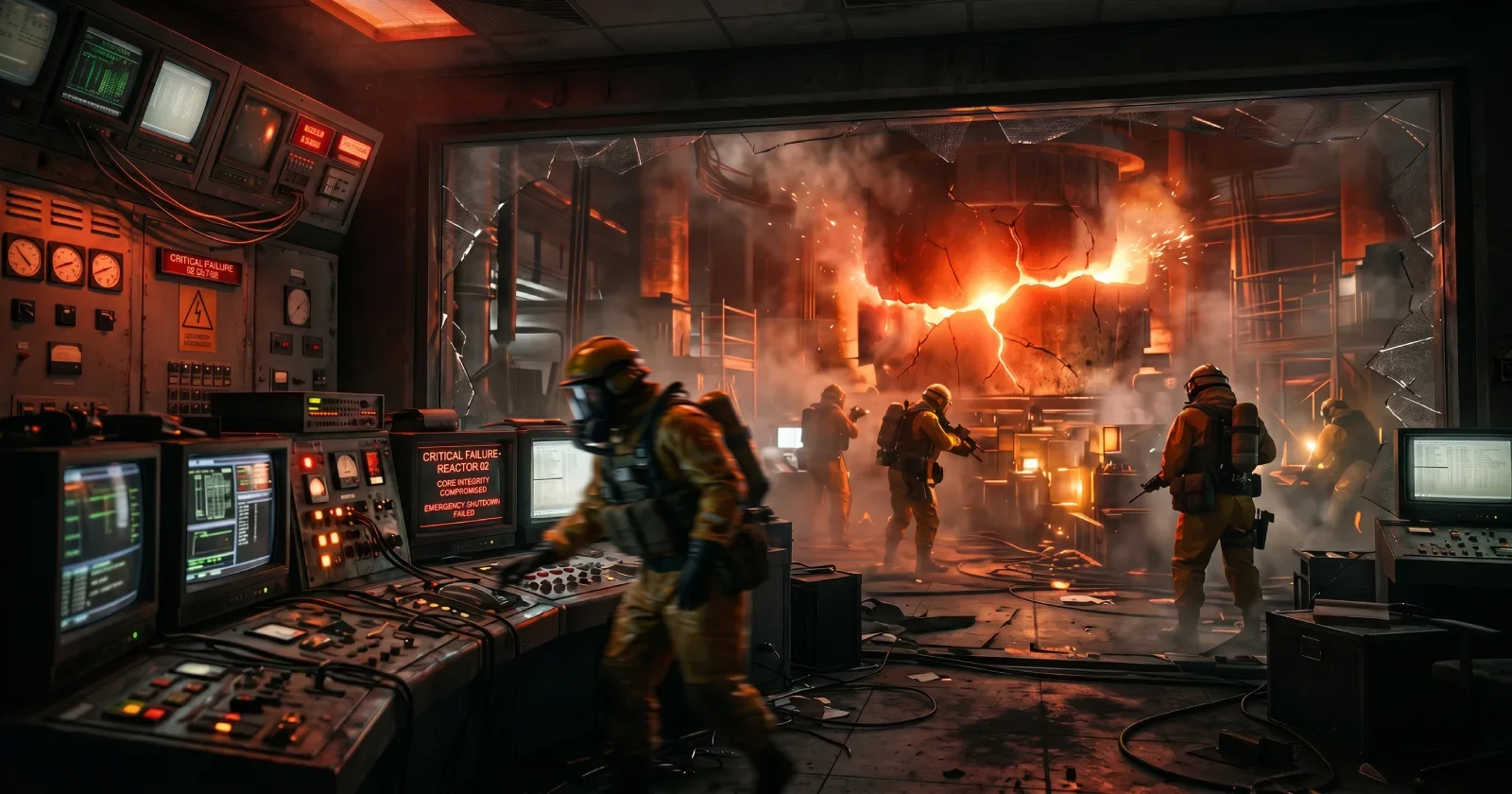 Delta Force Season Meltdown AZ3 Nuclear Plant interior with hazmat soldiers navigating a crumbling reactor control room under emergency lighting