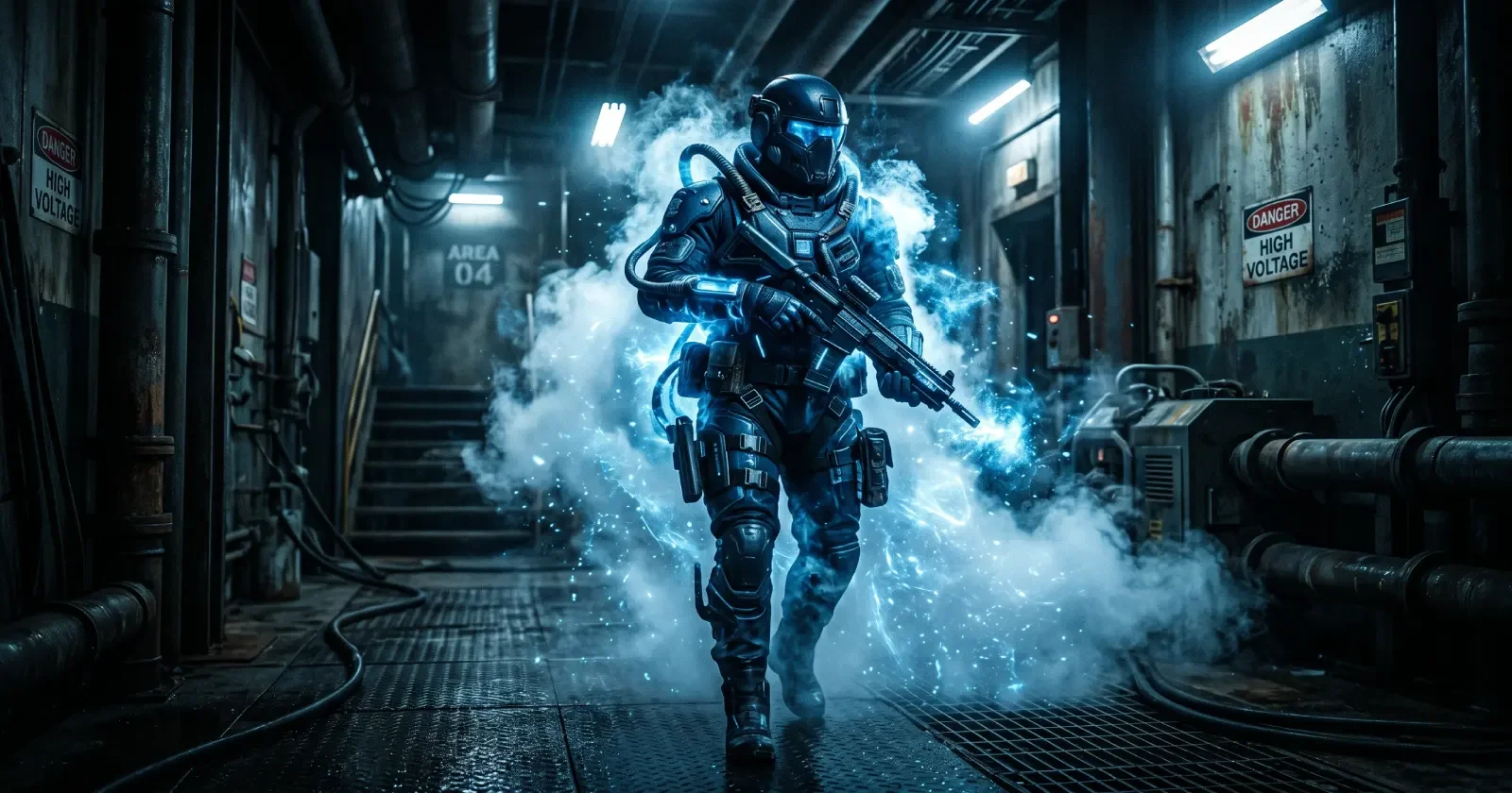 Delta Force Season Meltdown N-Two operator in cryo armor walking through a dark industrial corridor surrounded by blue ice particle effects