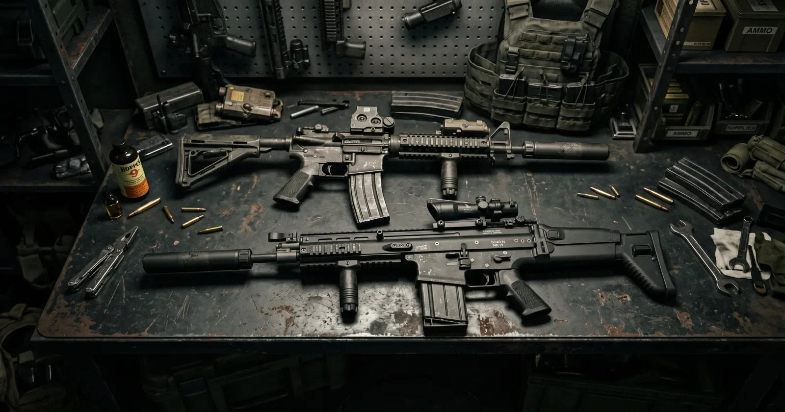 Delta Force Season Meltdown new weapons RM277 assault rifle and SVCH marksman rifle displayed on a dark armory workbench with loose ammunition