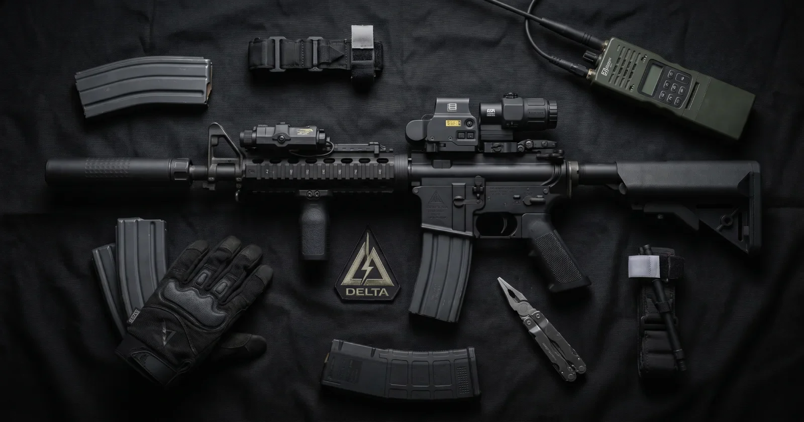 Delta Force M4A1 assault rifle overhead flat lay with tactical attachments, magazines, gloves, and Delta patch on black surface