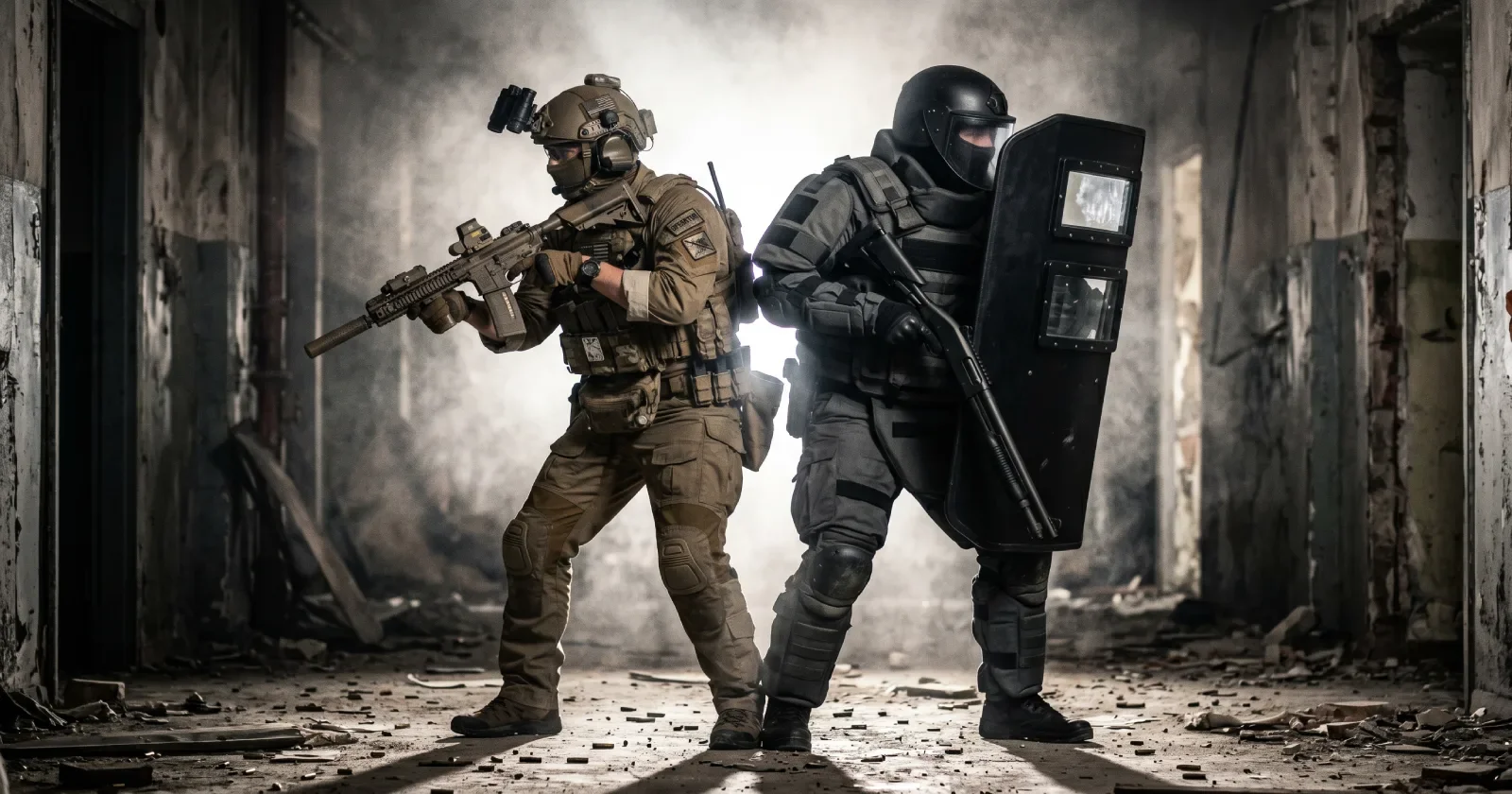 Delta Force Season Meltdown Rainbow Six Siege crossover collab showing two tactical operators breaching side by side in a destroyed building