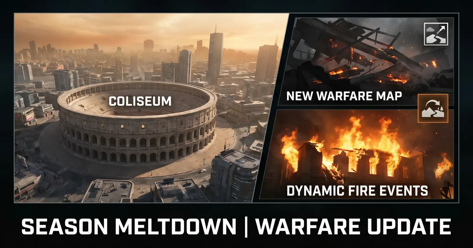 Delta Force Season Meltdown Coliseum Warfare map aerial view showing historic arena in a modern city with dynamic fire events reshaping the battlefield
