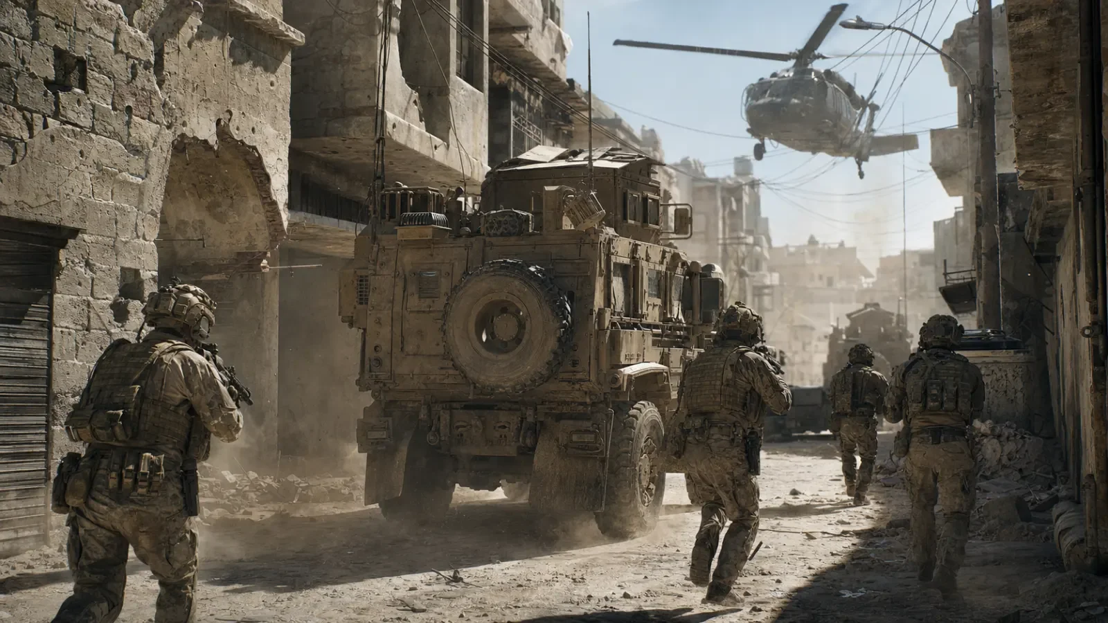 Infantry pushing a convoy through a smoke-filled Mogadishu street on The Mog Warfare map