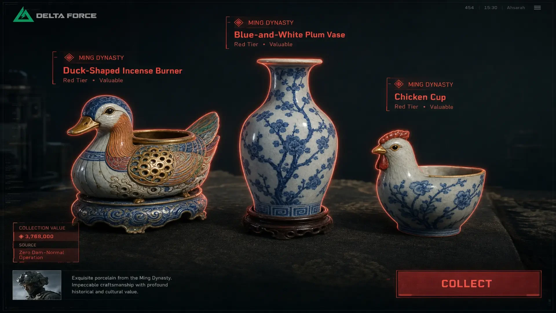 Snowscarlet Vase, Ducktor Sui and Winner Chicken Cup red collectibles from Delta Force Fortune Run