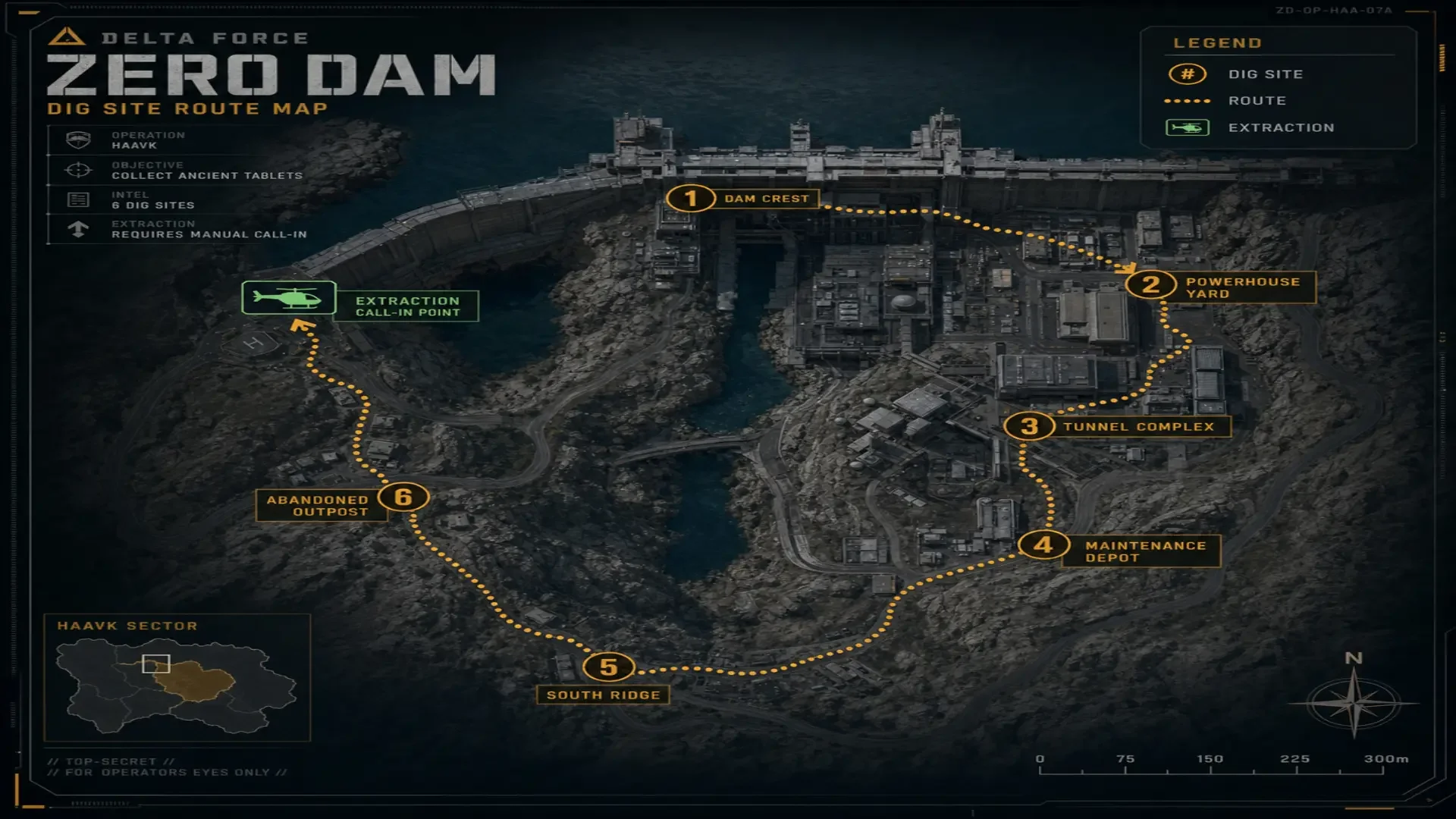 Zero Dam treasure map locations numbered on a route ending at an extraction point