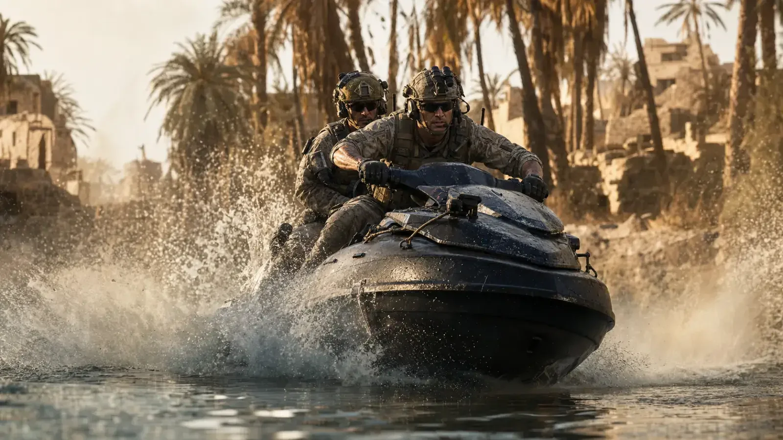 Two operators riding a Jet Ski along the connected rivers of Layali Grove 2.0 in Delta Force