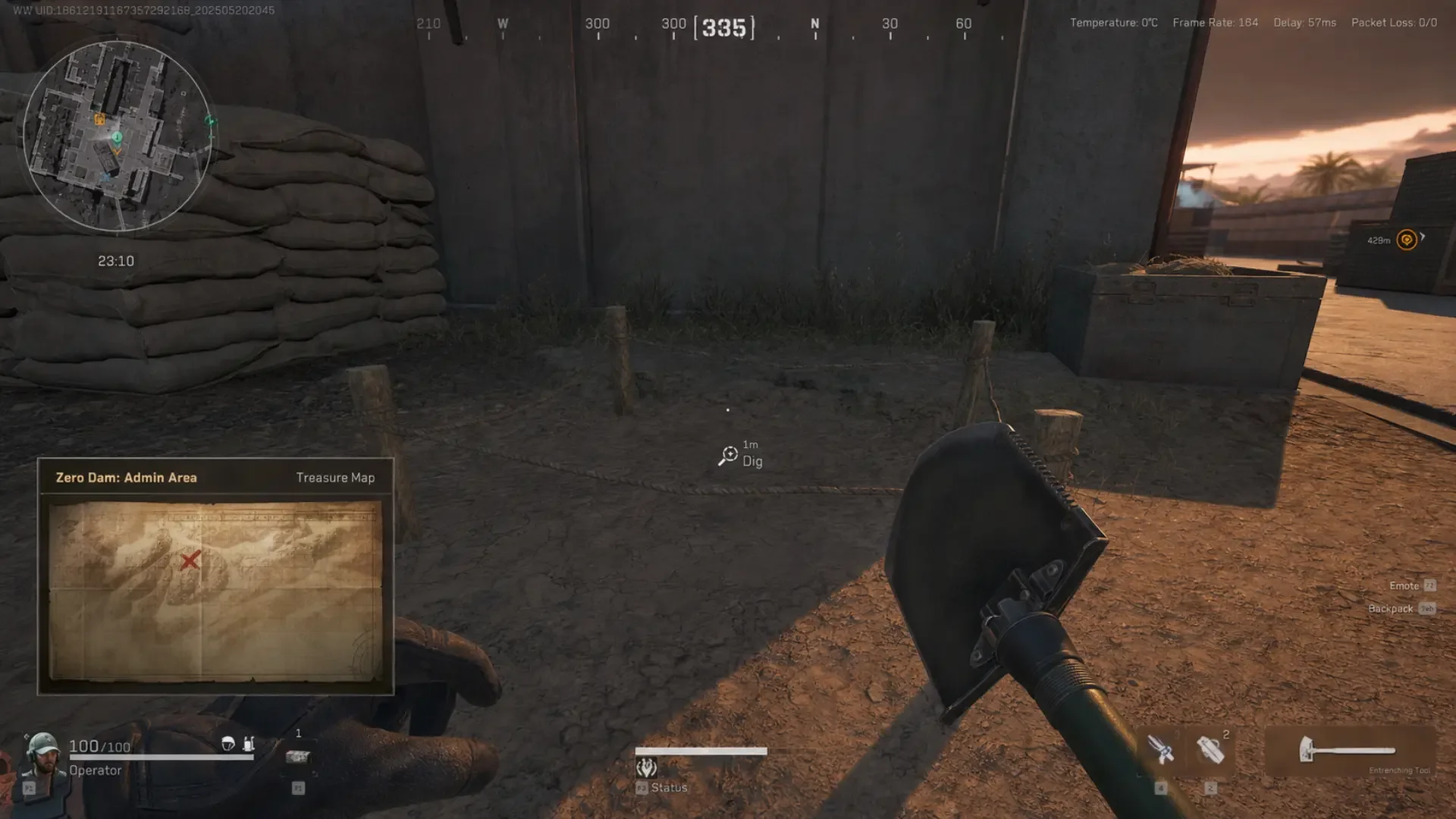 Operator digging at a Delta Force treasure map site in the Zero Dam admin area