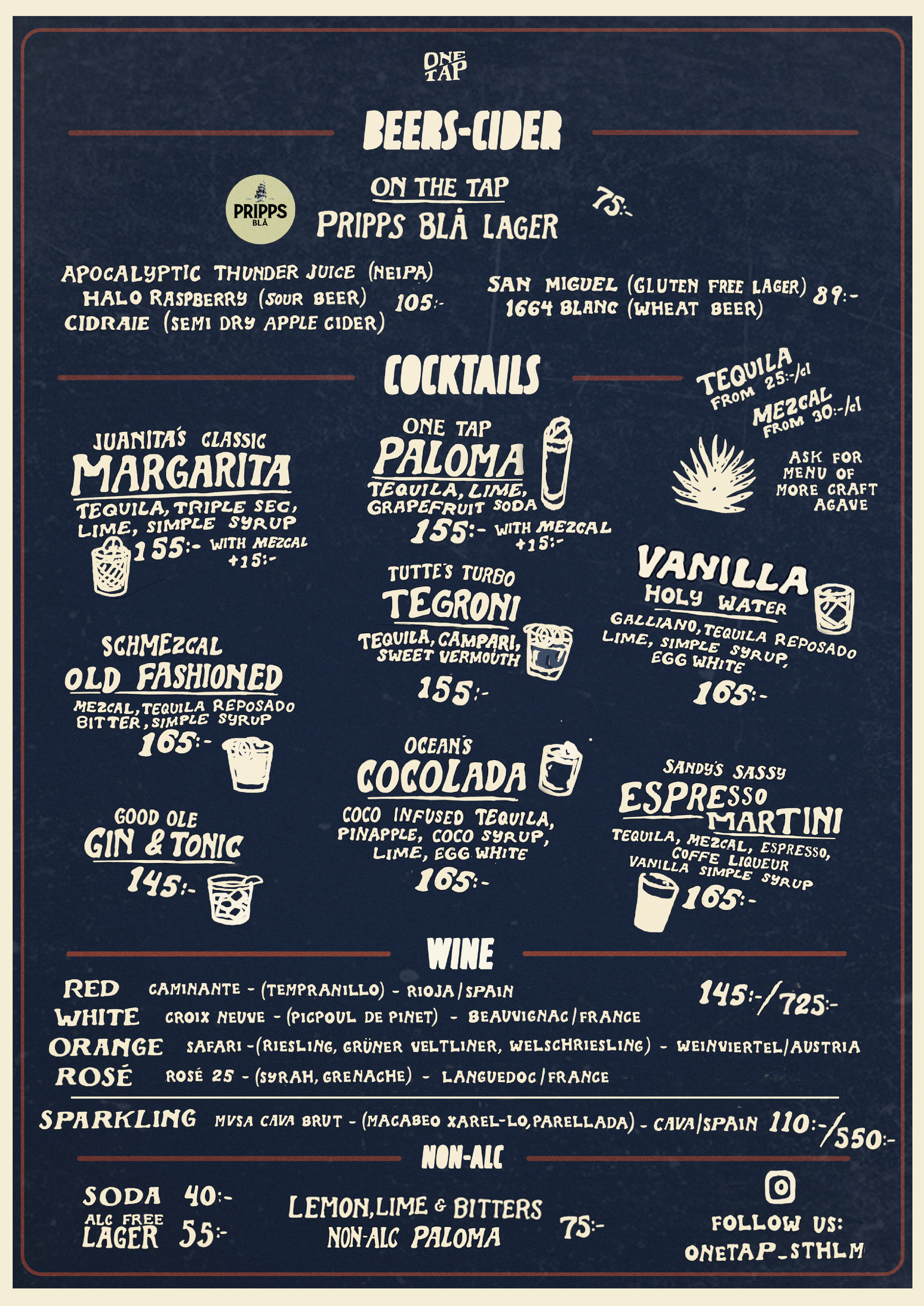 Menu with drinks and wine options on a dark background, including beers, cocktails, wines, sparkling, and non-alcoholic beverages.