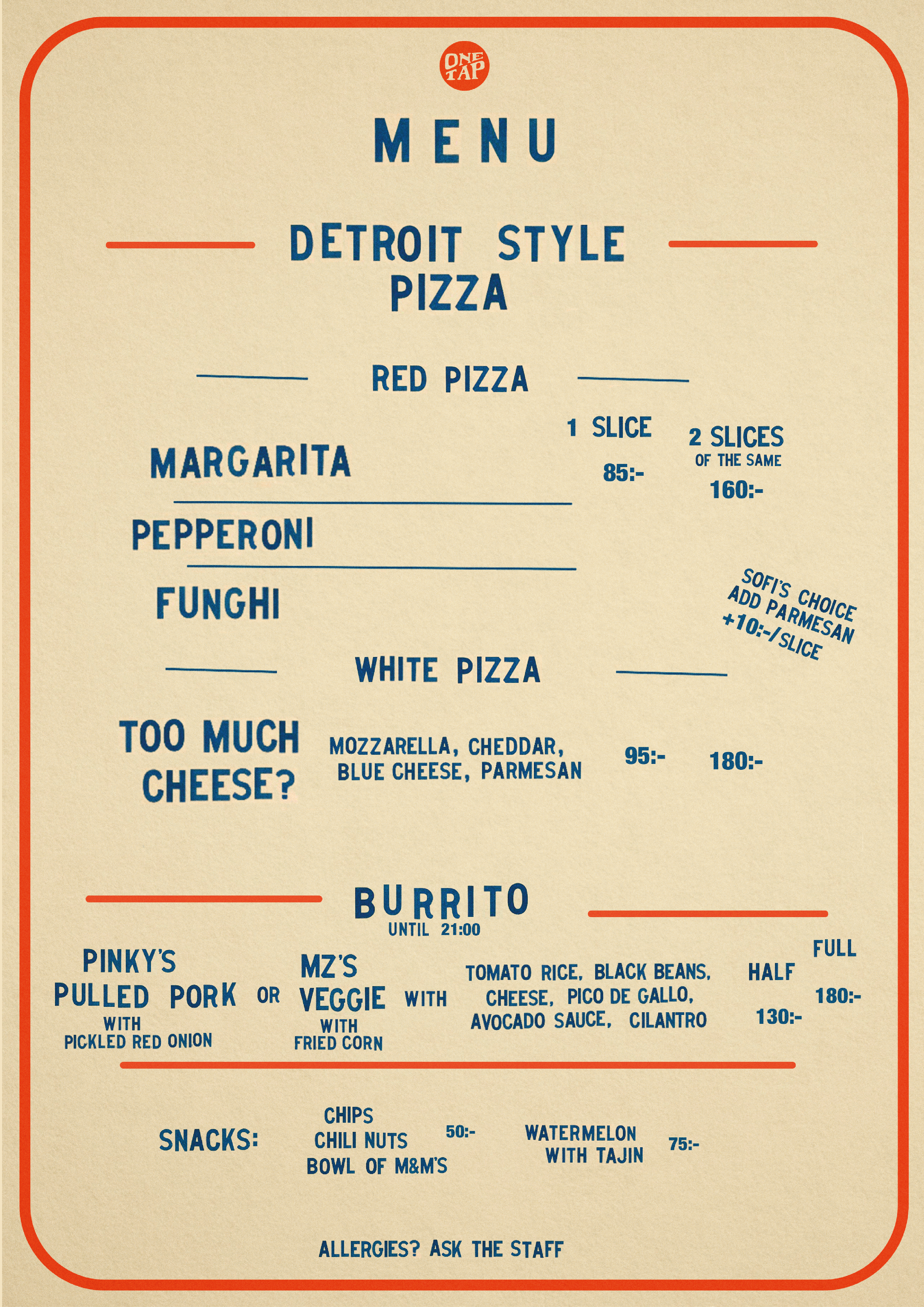 A vintage-style restaurant menu featuring Detroit-style pizza options, including red and white pizzas, with additional dishes like burritos, pulled pork, veggie, chips, chili nuts, watermelon with tajin. The menu highlights options, prices, and optional add-ons.