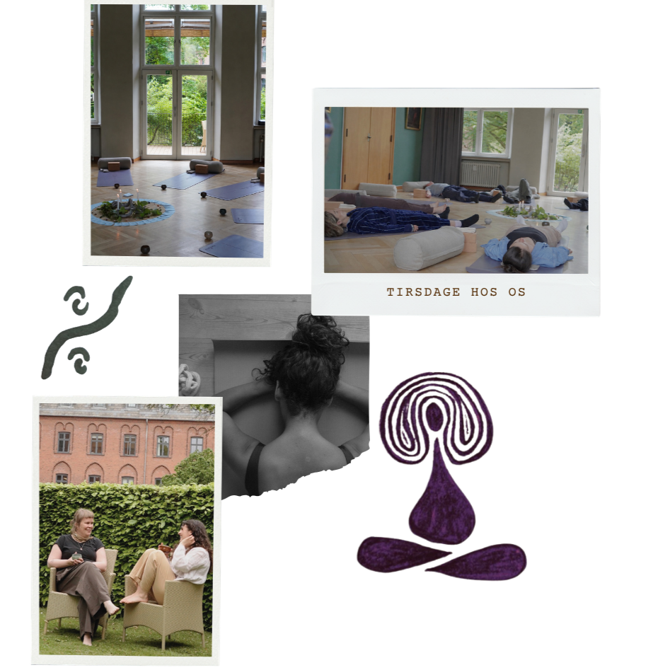 Billeder af yoga, afslapning og samtale, med dansk tekst 'Tirsdage hos os', en sort-hvid film af en person med håret oppe, en grønne udendørs scene med to kvinder samt et kunstværk.