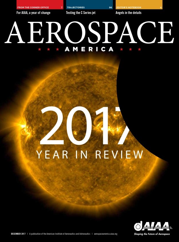 Cover of Aerospace America magazine featuring a solar eclipse with the sun partially covered by the moon, and text highlighting the 2017 Year in Review.