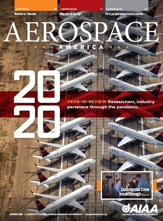 Cover of Aerospace America magazine featuring an aerial view of multiple commercial airplanes parked in rows on the tarmac, with headlines about aerospace industry achievements and news.