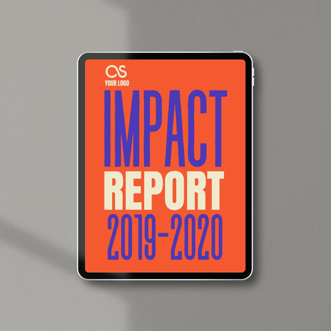 A tablet displaying an impact report cover page for the years 2019-2020 with a red background, large purple and white text, and a placeholder for a logo at the top.