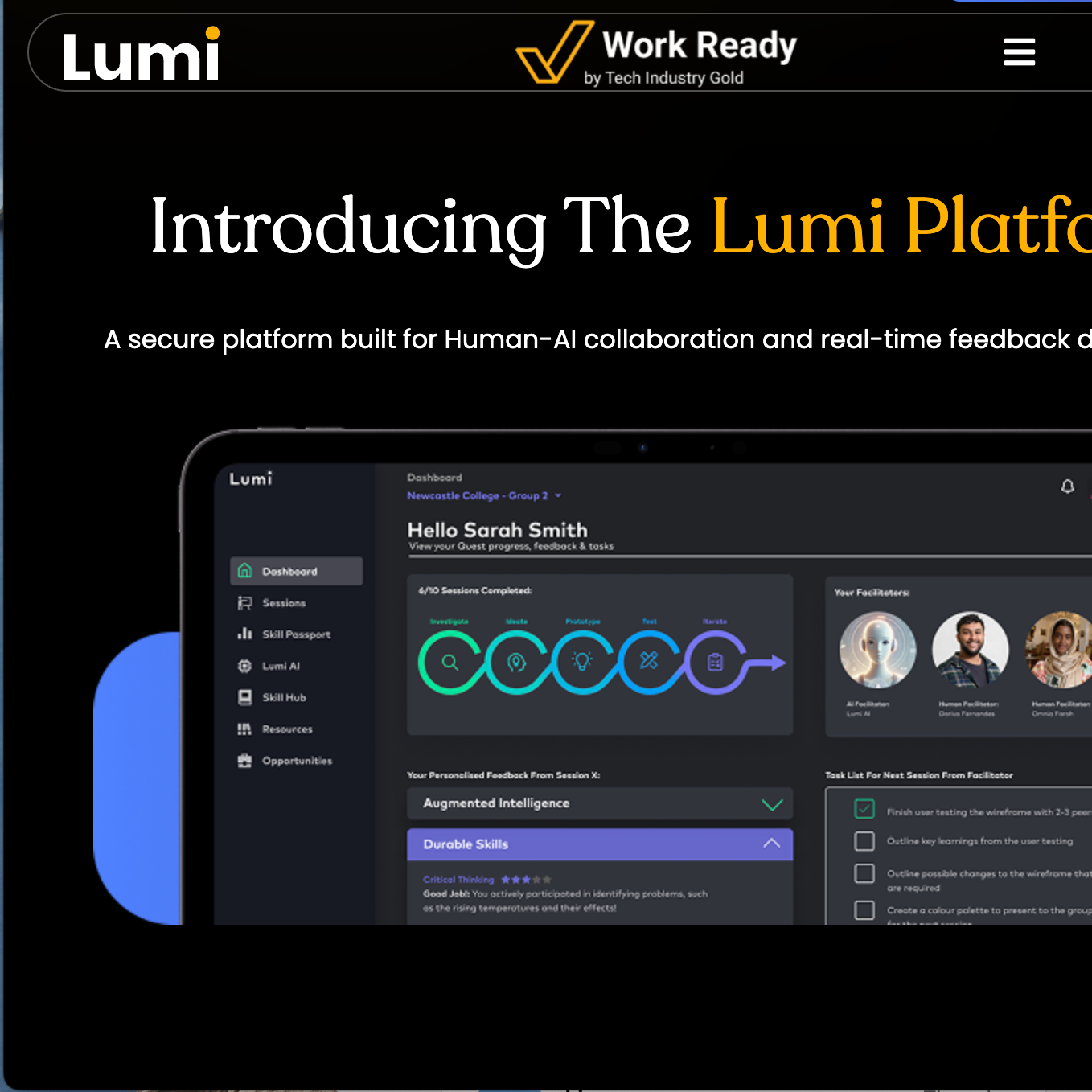 Screenshot of a website introducing the Lumi platform with a dark background. Shows a mobile interface with a profile greeting Sarah Smith and various sections like dashboard, sessions, skill passport, Lumi AI, resources, and opportunities. The platform emphasizes human-AI collaboration and real-time feedback in a professional setting.