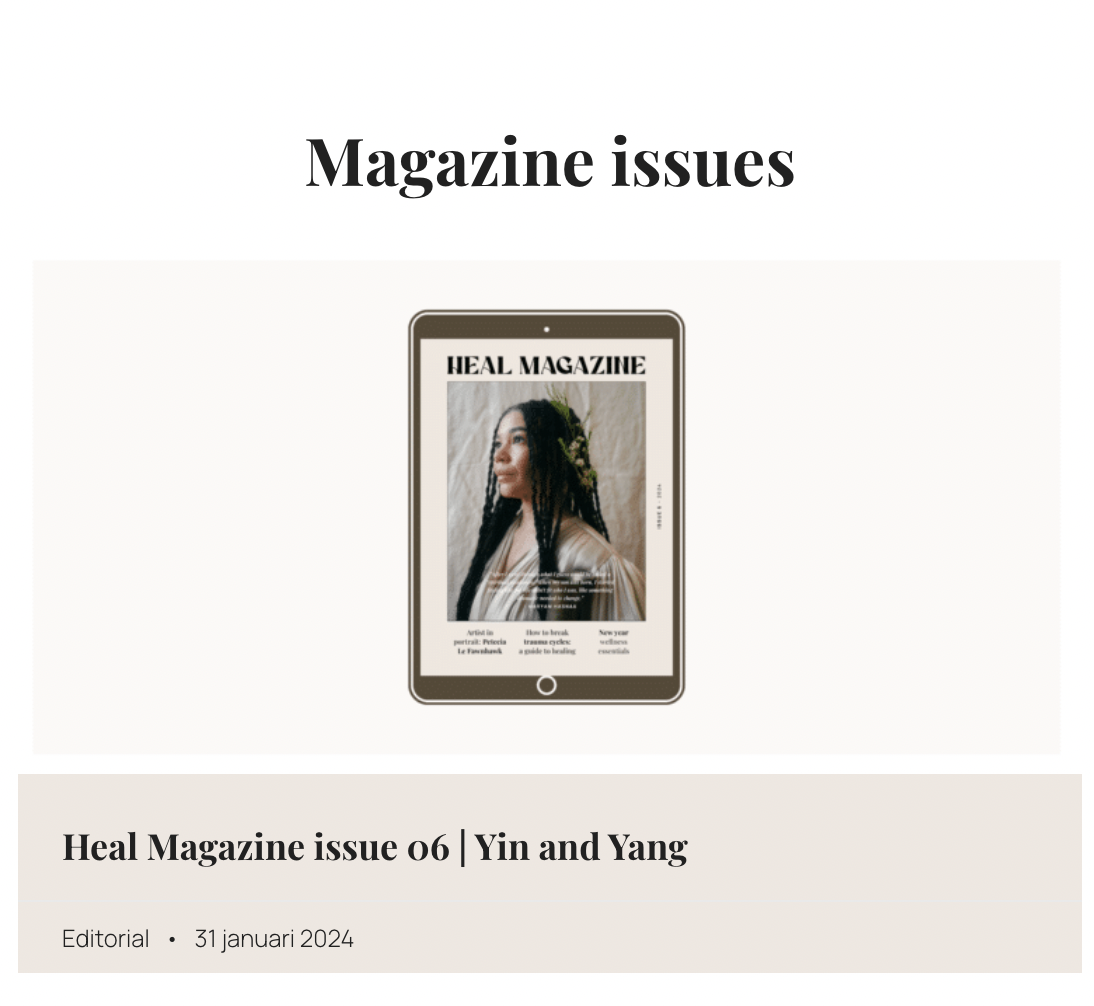 Cover of Heal Magazine, issue 6, featuring a woman with long dark hair and dreadlocks on the digital tablet screen, with a pale background.