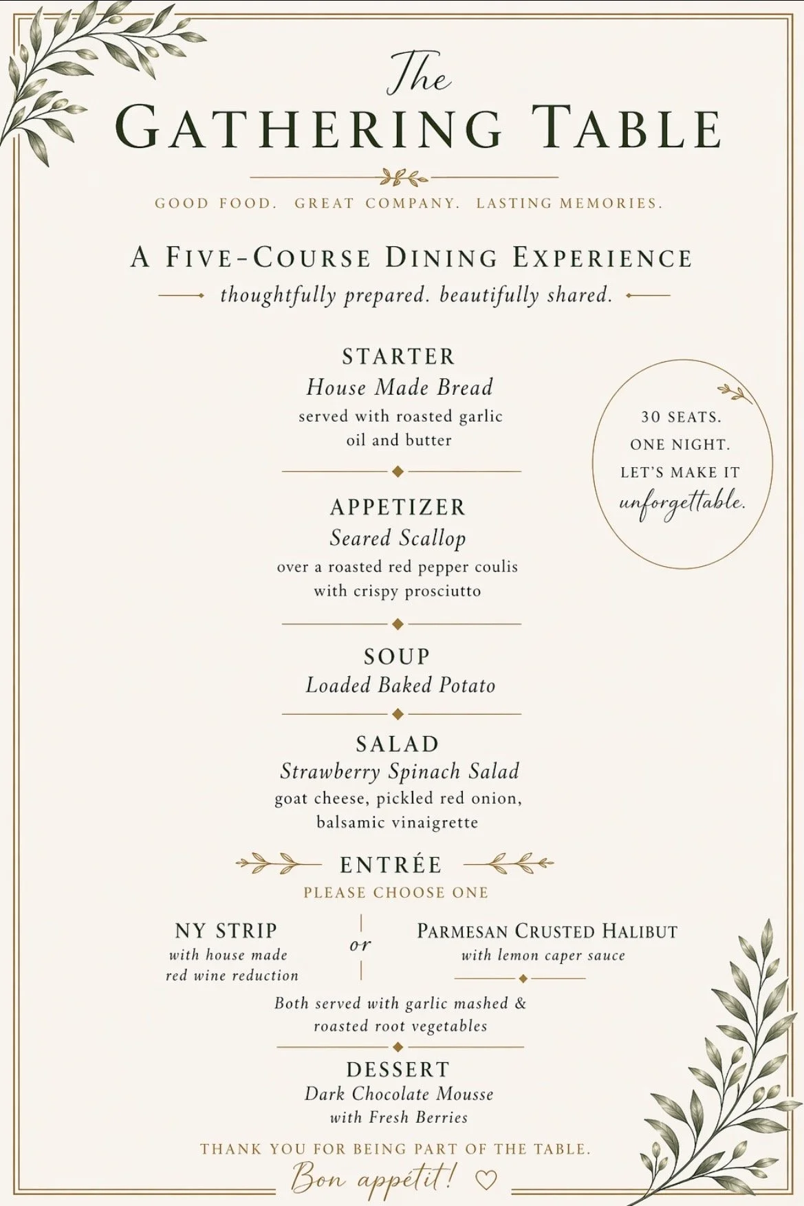5 course dinner experience May 31, 2026