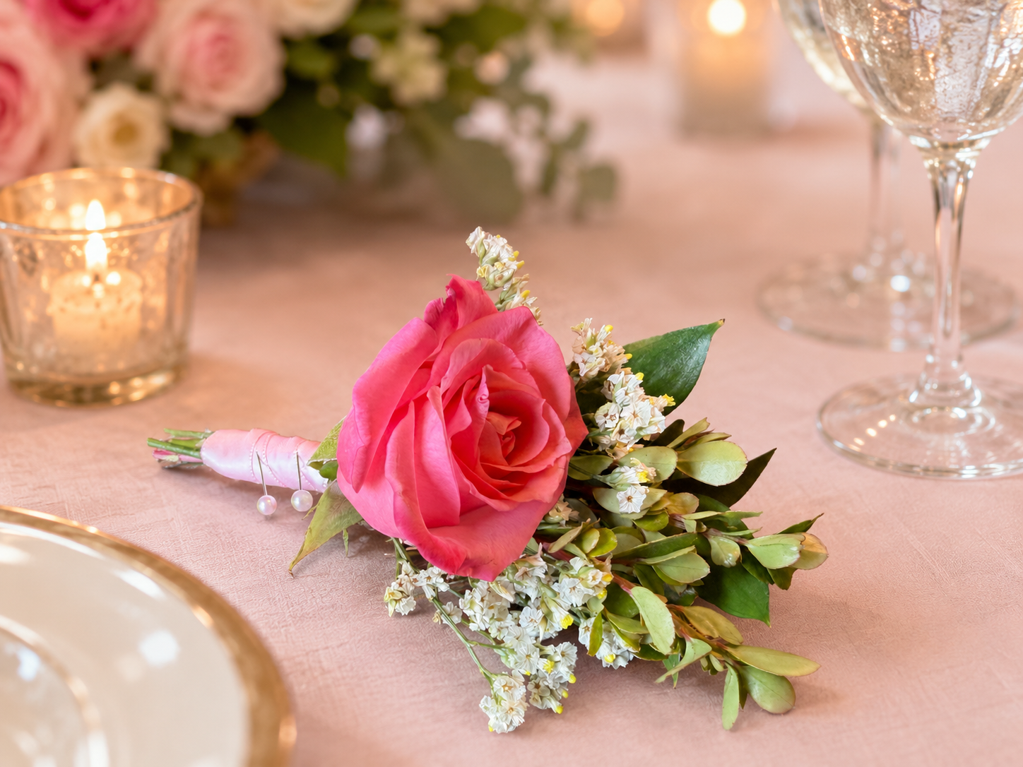 A pink rose boutonniere with white accent flowers and green leaves resting on a peach-colored tablecloth, near a lit candle and empty wine glasses, at a formal event setup.