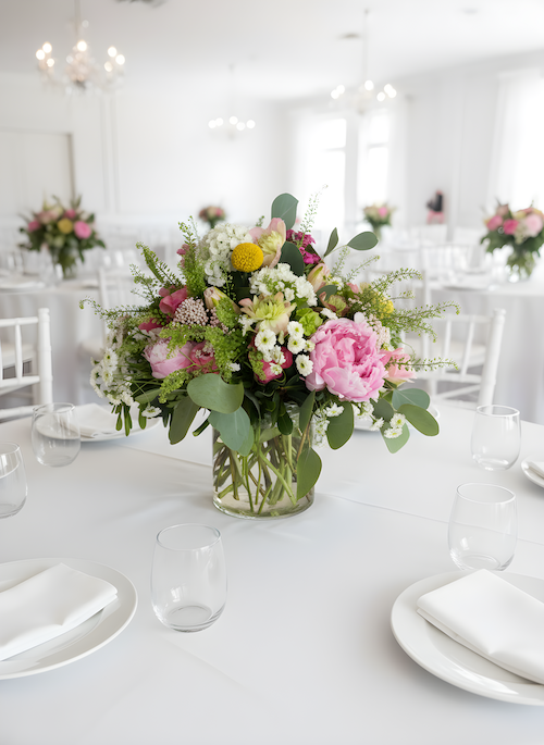 Elegant banquet table with a floral centerpiece in a glass vase, surrounded by white tableware and filled with pink, white, and green flowers, in a bright decorated reception hall.