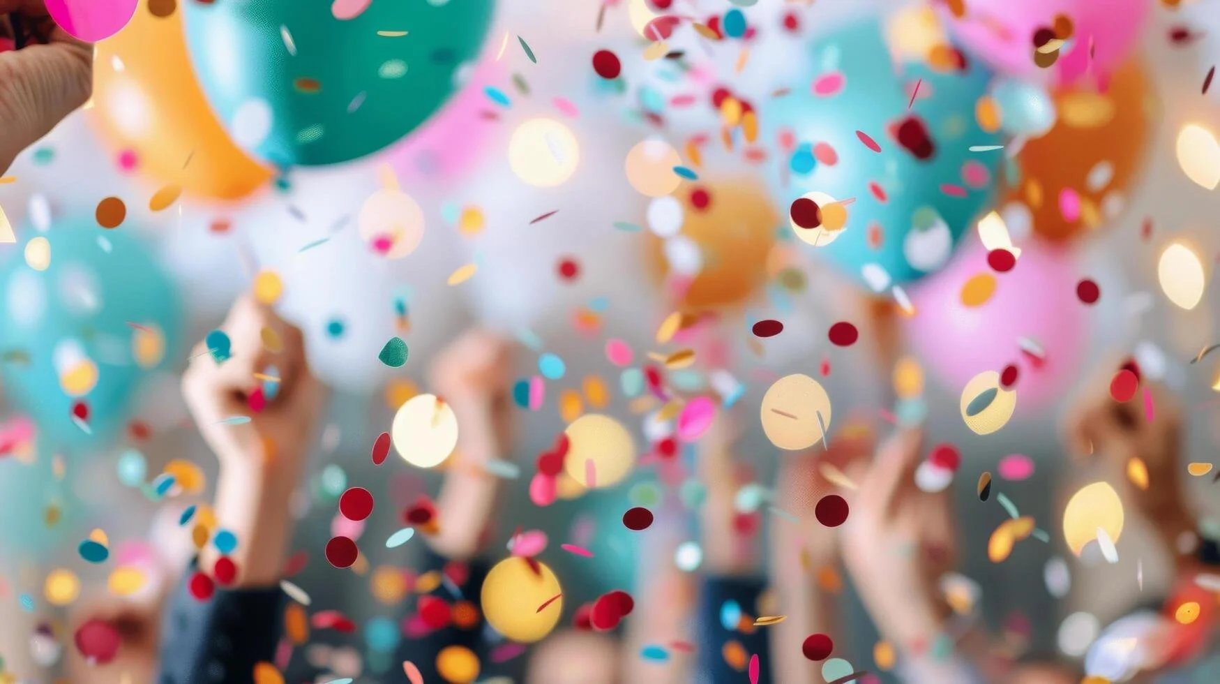 Celebration with colorful balloons and confetti, hands raised in the background.