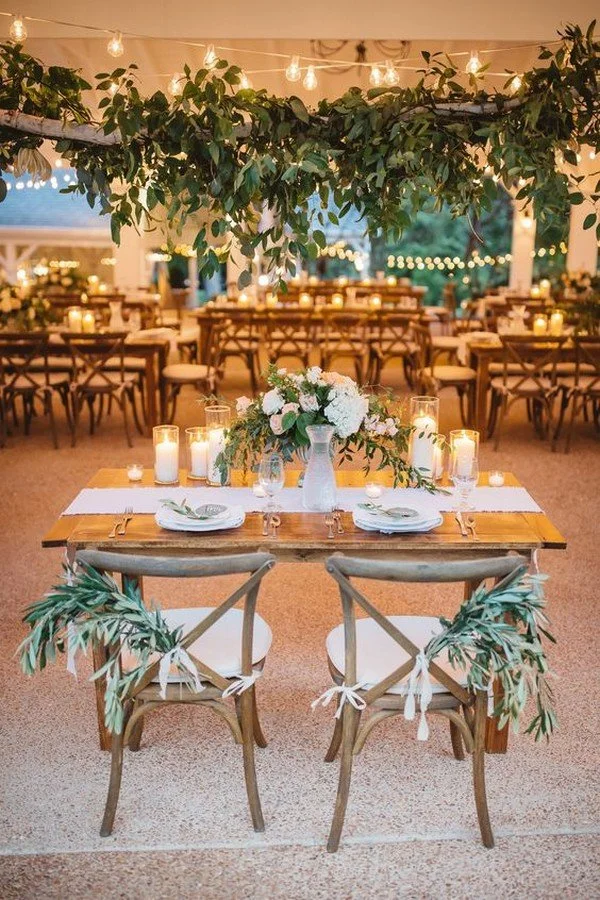 A decorated outdoor dining area for a special event, featuring a table set with white plates, lush floral centerpiece, and candles, with additional tables and string lights in the background.