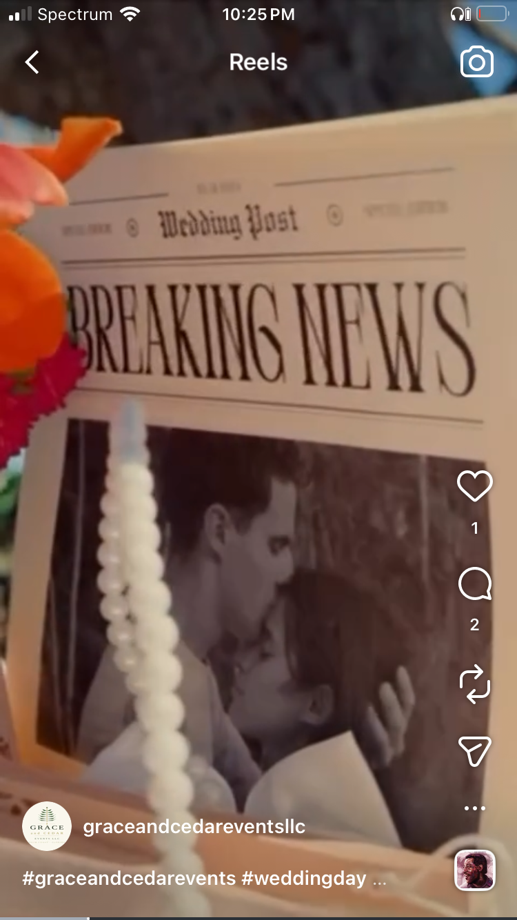 A wedding announcement in a newspaper titled 'Breaking News' with a black-and-white photo of a couple kissing.