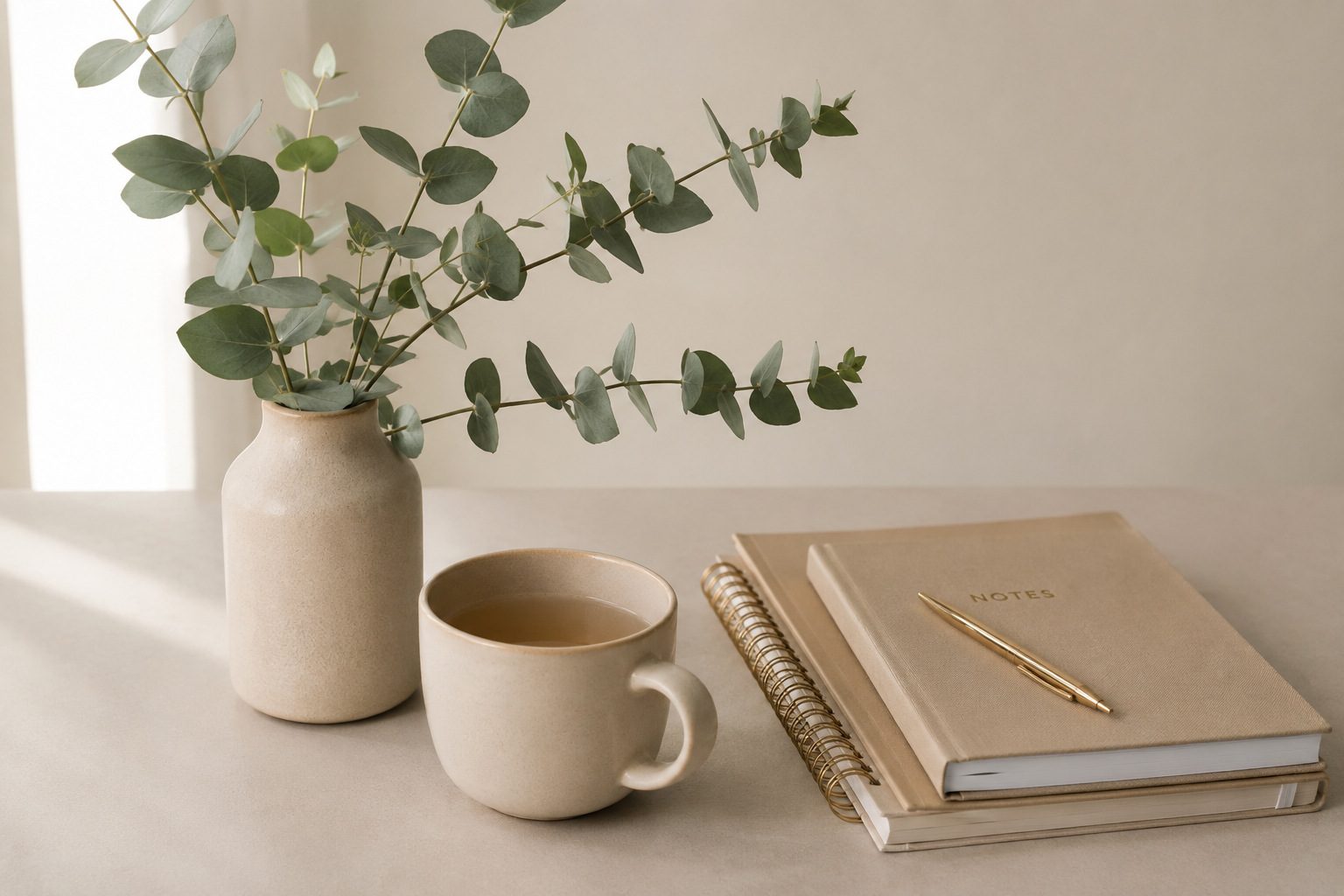 Eine beige Vase mit Eukalyptuszweigen, eine beigefarbene Tasse mit Tee sowie drei aufeinander gestapelte Notizbücher, auf denen ein goldener Stift liegt – alles arrangiert auf einer hellen Oberfläche.