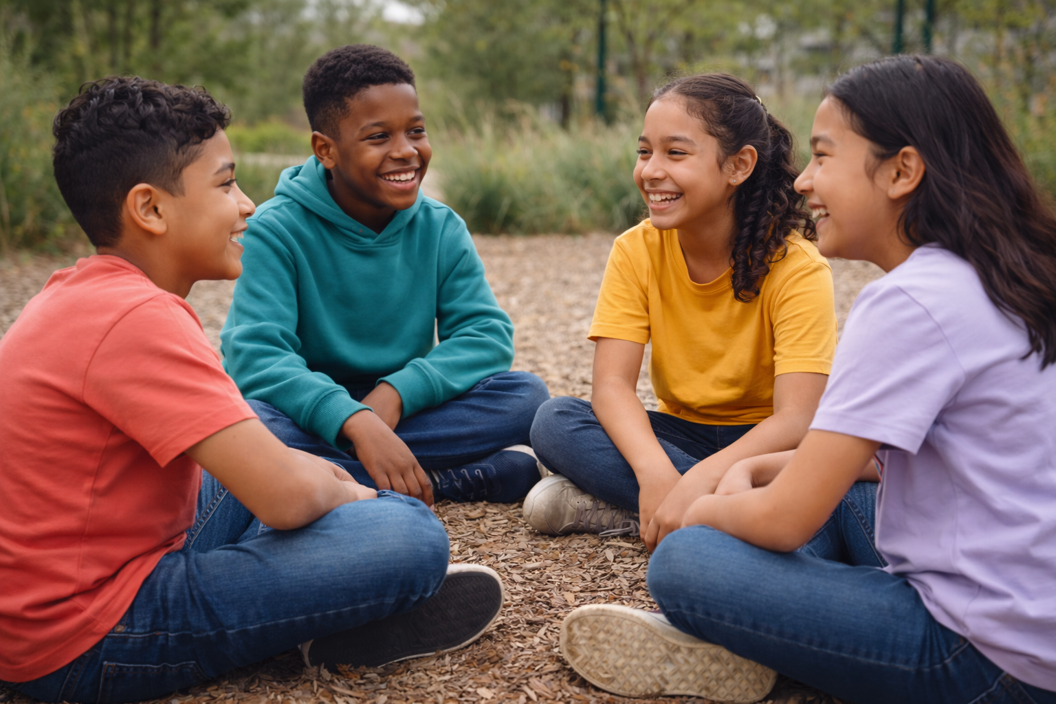 Group of diverse teens sitting in a circle talking and laughing outdoors, representing peer connection and youth support