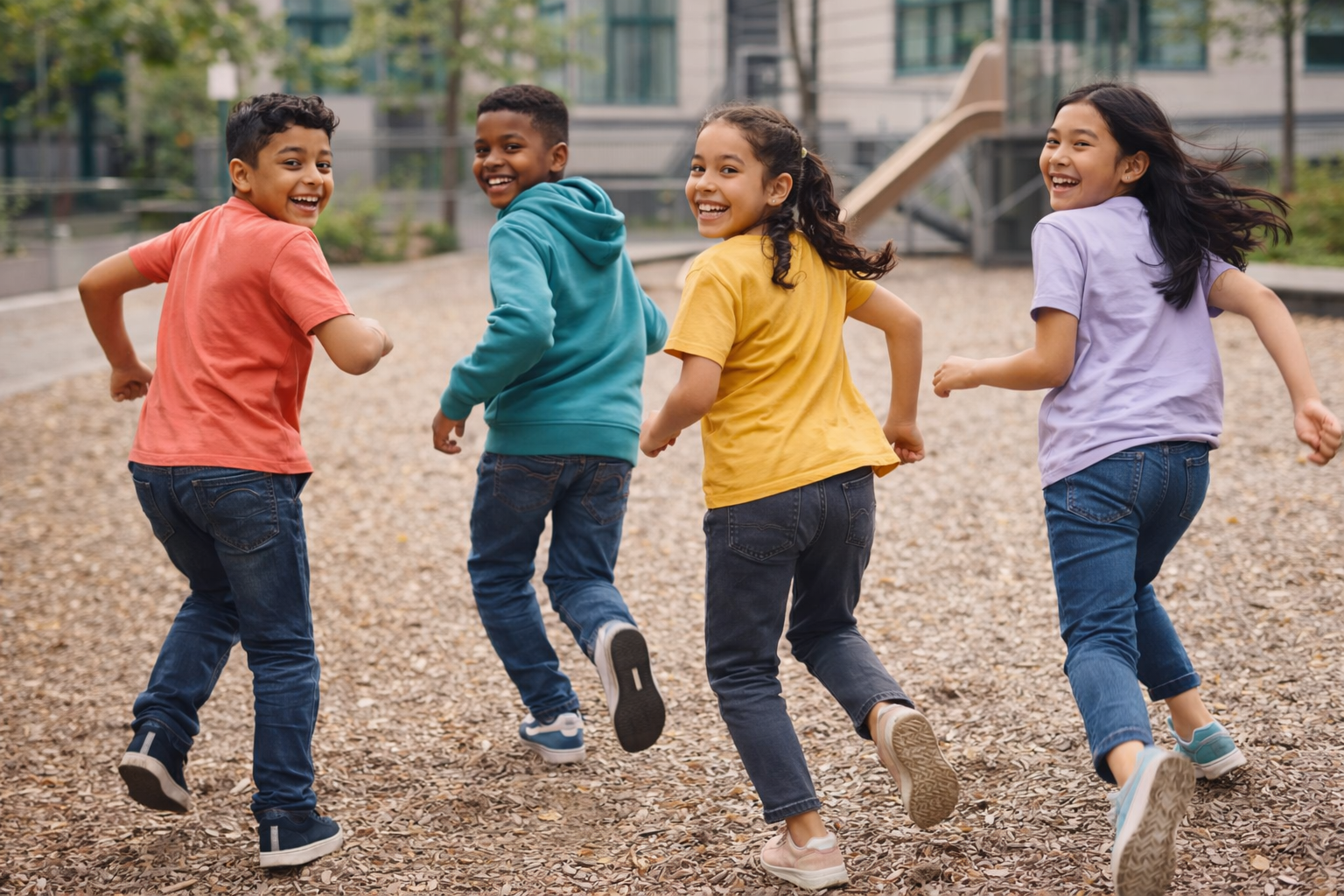 Group of diverse teens running and laughing together outdoors, representing youth connection, joy, and community support