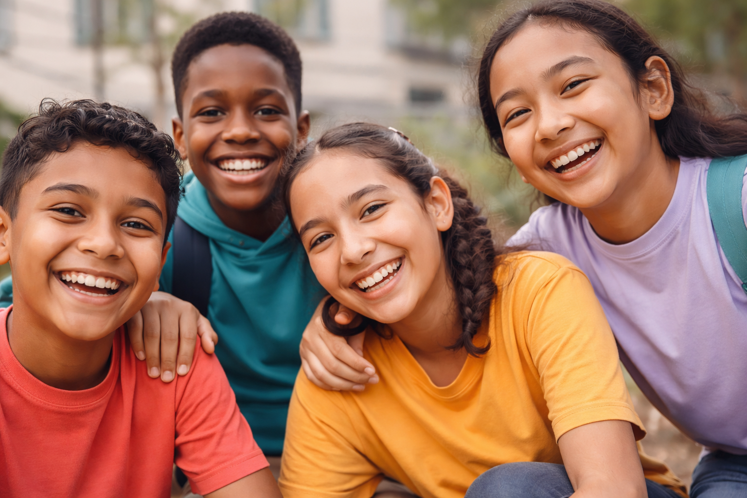 Diverse group of smiling teens sitting together, representing youth connection, support, and community.
