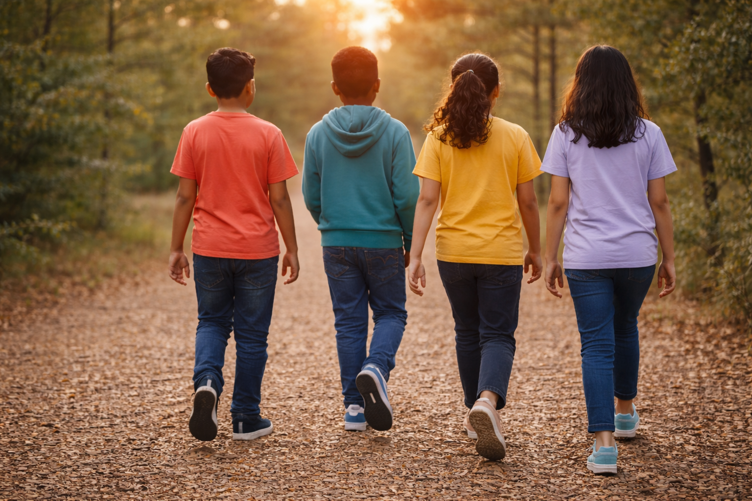 Group of diverse teens walking together on a path outdoors, representing growth, connection, and youth support