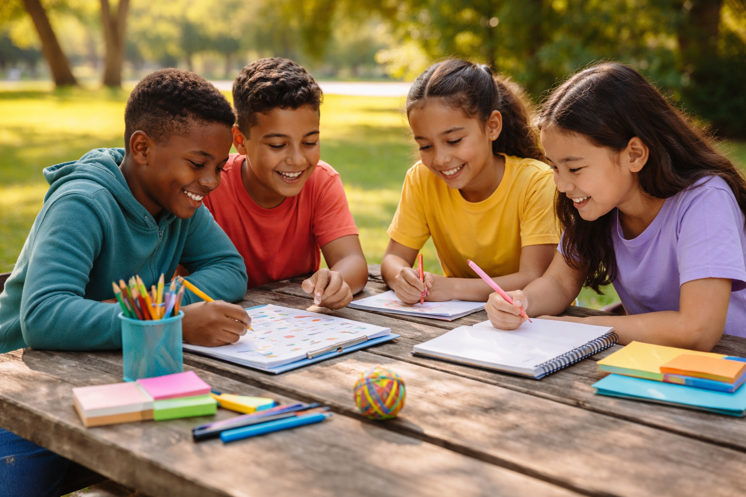 Group of diverse teens working together at a table outdoors, drawing and learning, representing youth development and support