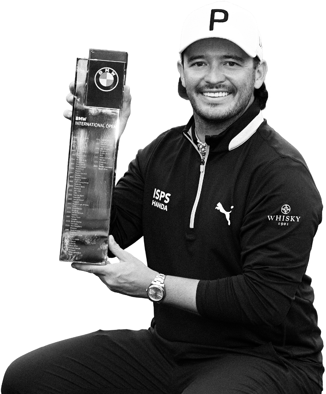 Smiling man in sports attire holding a trophy for BMW International Open golf tournament
