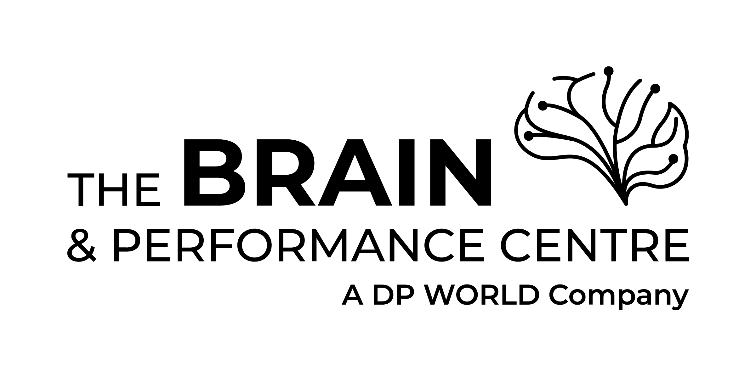 Logo for The Brain & Performance Centre, a DP World company, featuring white text and a stylized brain graphic on a black background.