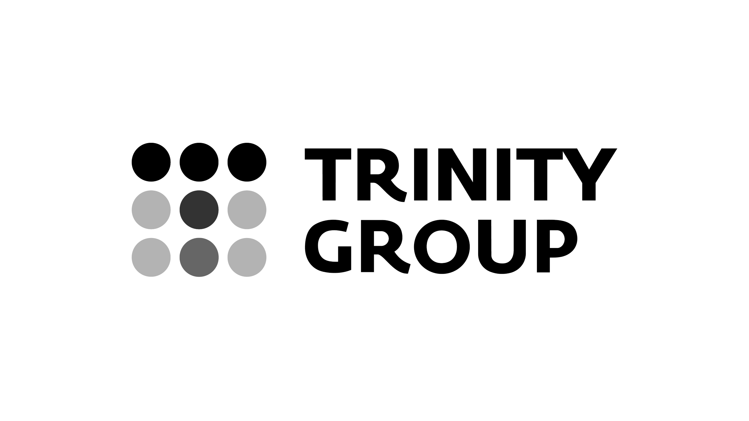 Logo of Trinity Group with nine circles, some filled with shades of gray and black, and the words 'TRINITY GROUP' in black text.