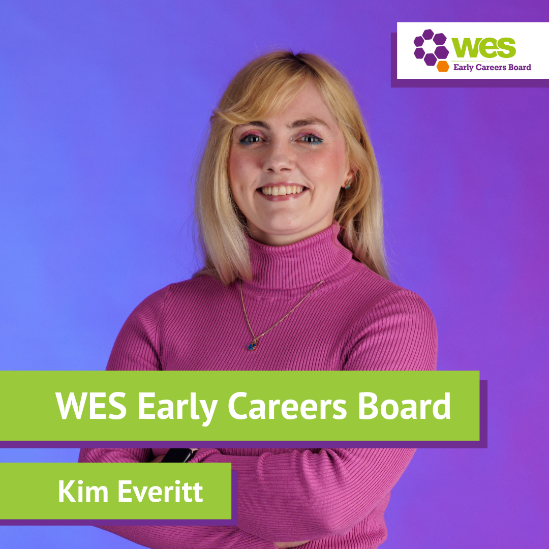 A woman with blonde hair wearing a pink turtleneck sweater, smiling and crossing her arms. There is a purple and blue gradient background. In the top right corner, there is a logo for WES Early Careers Board, and green text overlaying the image reads 'WES Early Careers Board, Kim Everitt'.