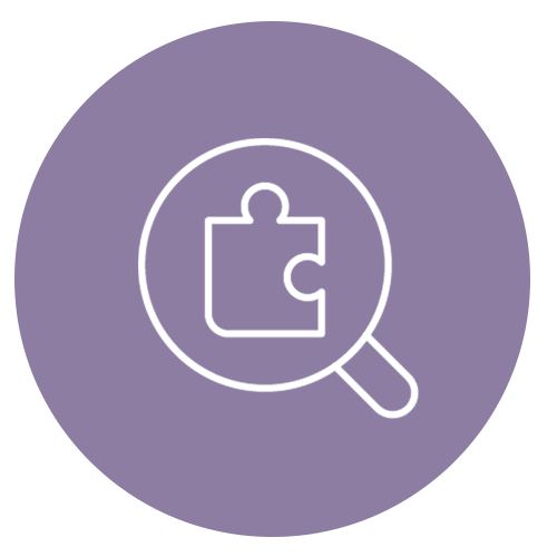 Magnifying glass with a puzzle piece inside on a purple background.
