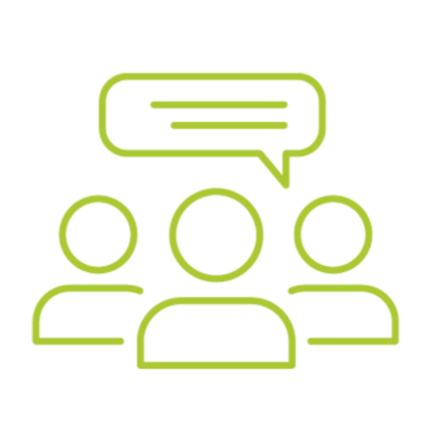 Outline of three people with a speech bubble above, indicating conversation or communication, in green.