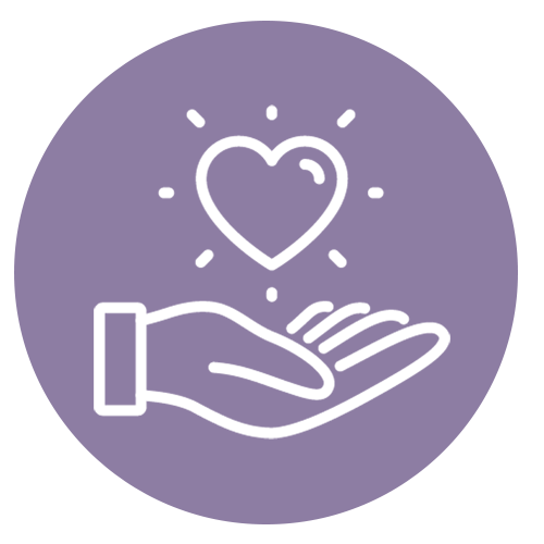 Outline of a hand with a heart above it on a purple circular background.