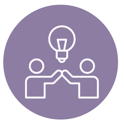Two stick figures high-fiving with a light bulb above them, symbolizing teamwork and ideas, on a purple circular background.