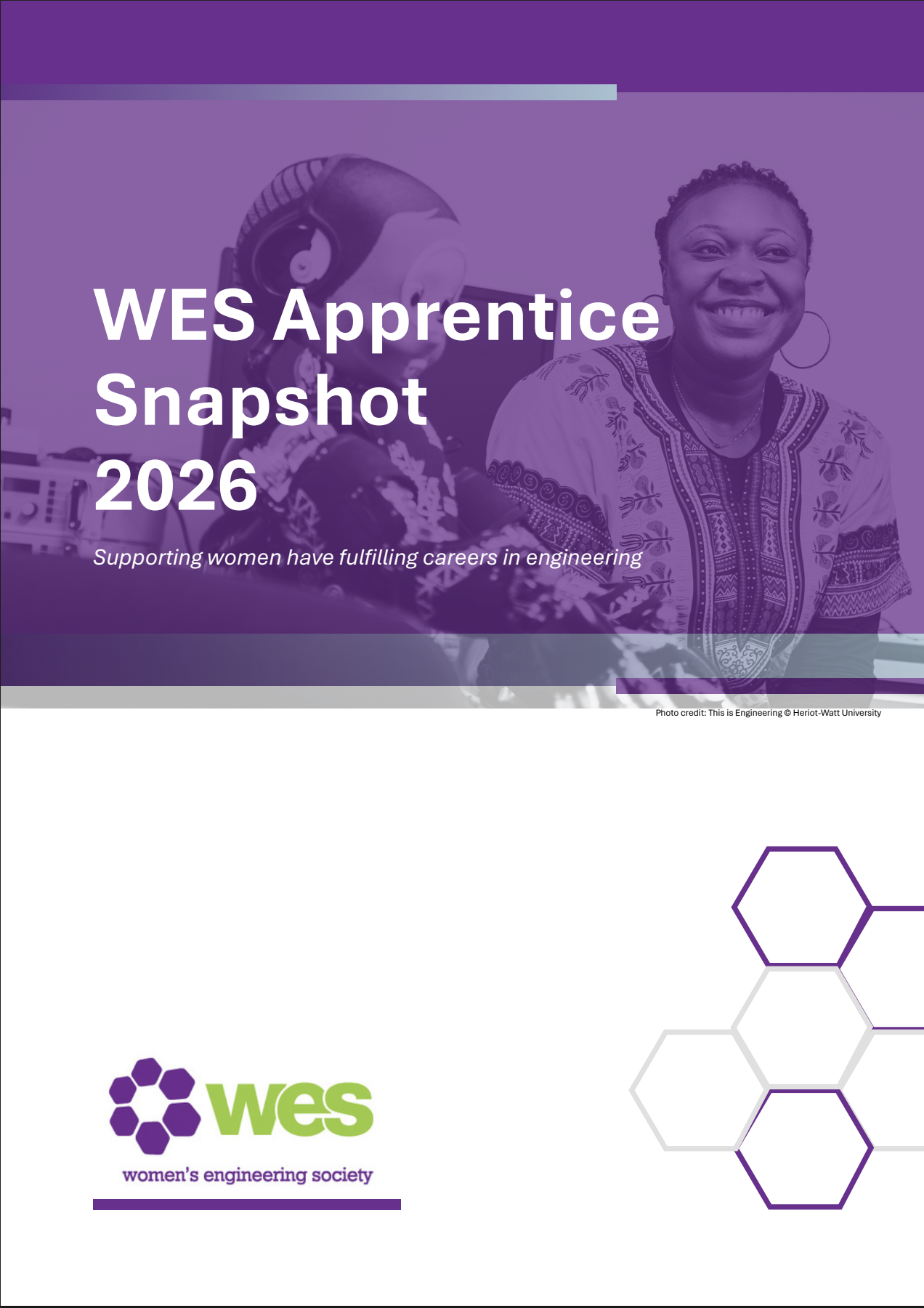 Cover page of the WES Apprentice Snapshot 2026 report, featuring a smiling woman with short hair and hoop earrings, with a background of Hexagon patterns and a purple theme, supporting women in engineering.